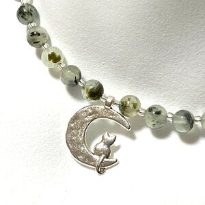 Genuine Prehnite Short Necklace, Gemstone & Silver Cat on the Moon Pendant